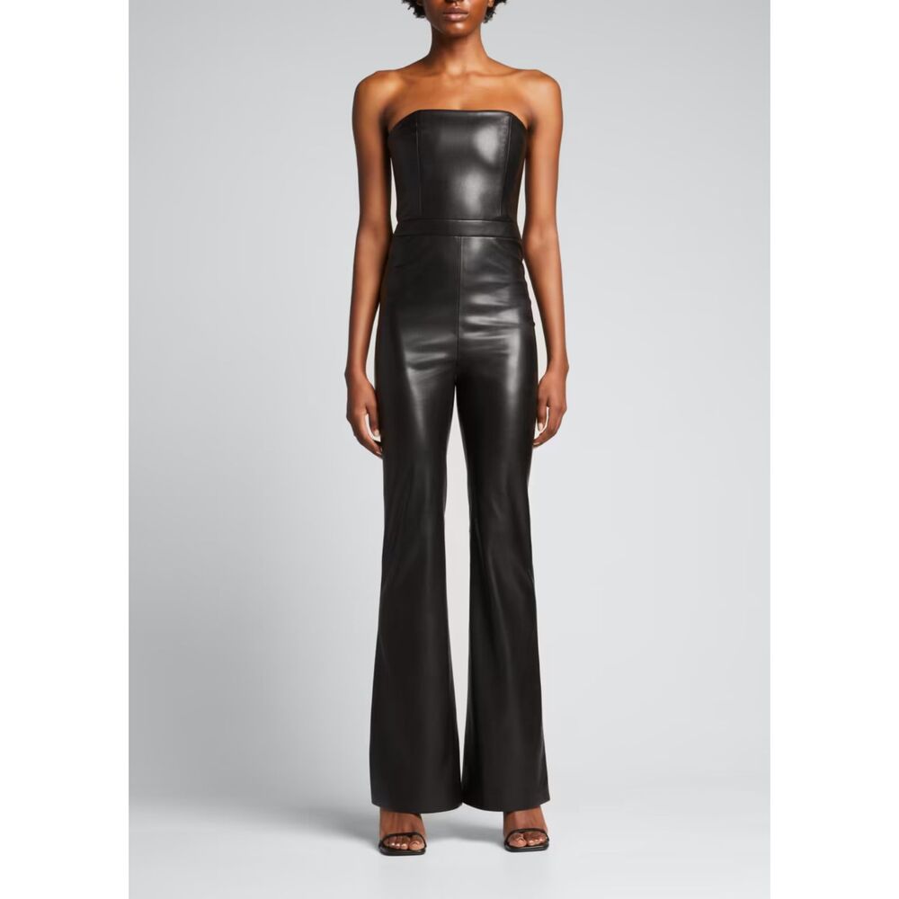 ALICE + OLIVIA Lavera Vegan Leather Flare Sleeveless Jumpsuit Black Sz 2 NEW NWT